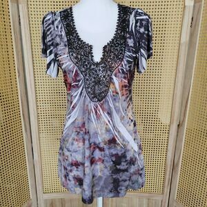 Energe World Wear tie dye tunic top with lace and silver rhinestone details